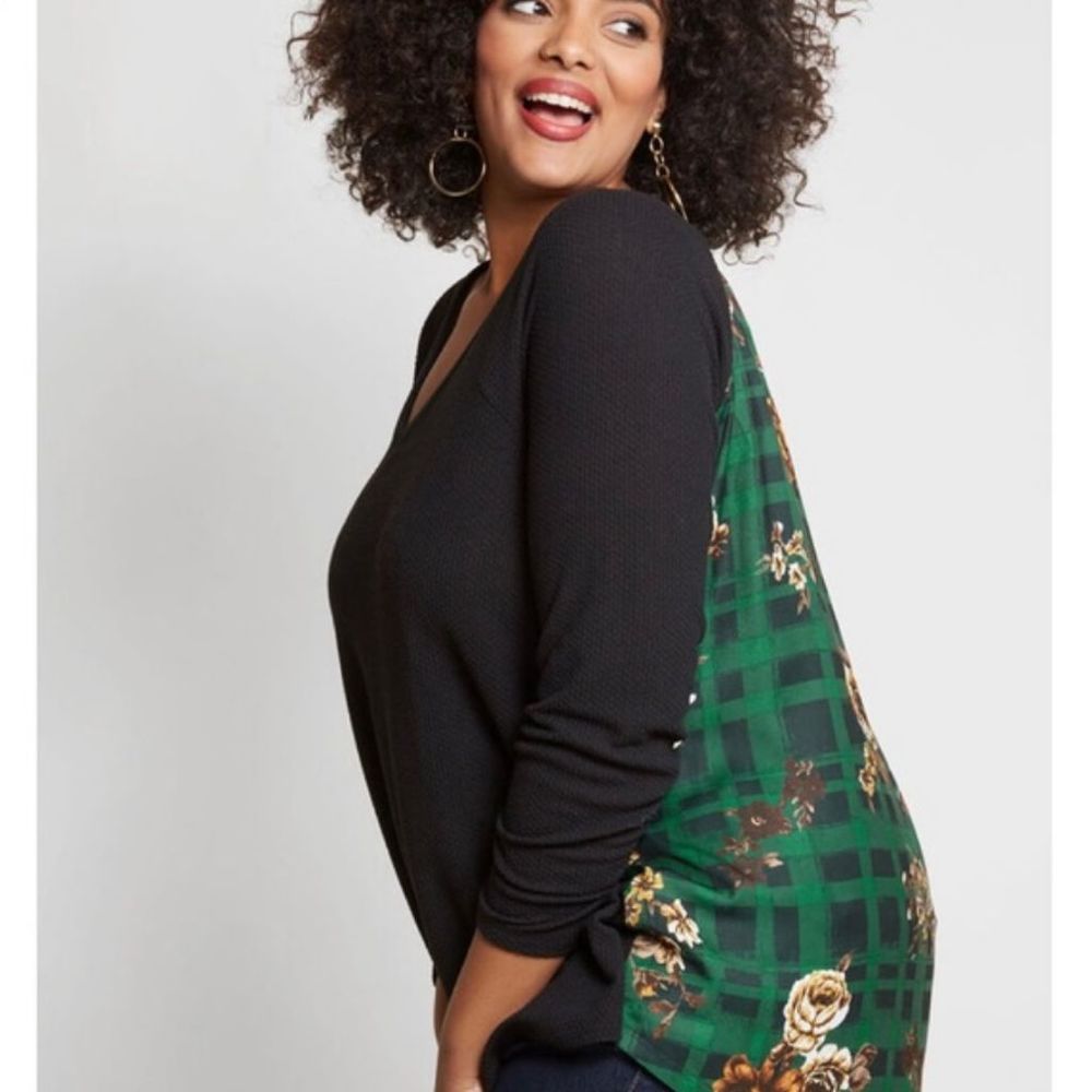 Modcloth Adored Elements Twofer Plaid Rose Printed Pullover Blouse